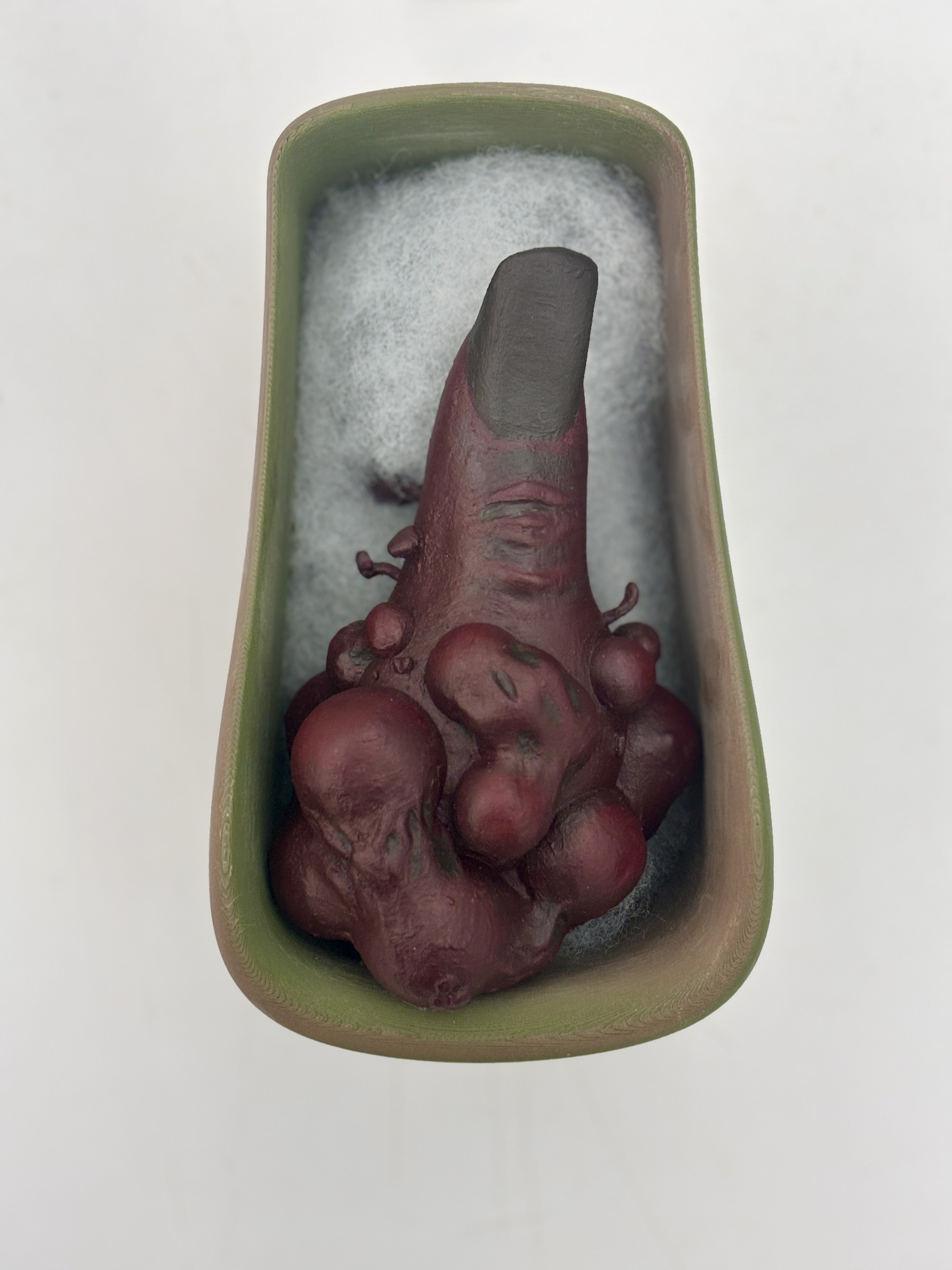 Sukuna's finger sculpt resting in a 3D-printed tray with cotton bedding: burgundy skin with green undertones, painted wounds and lesions, layer lines visible on the tray exterior.